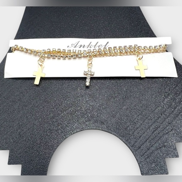 Cross Charm Anklet Gold plated w/Rhinestones NWOT - Picture 1 of 3